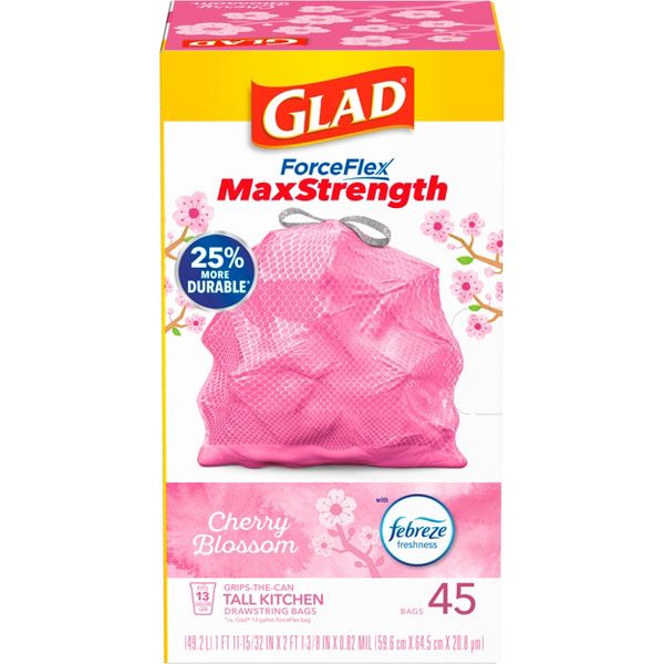 Glad 13 Gallon ForceFlex MaxStrength Drawstring Tall Kitchen Trash Bags, 45 Count, Cherry Blossom, Pink
