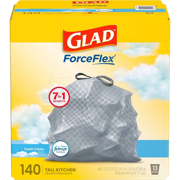 Glad 13 Gallon ForceFlex Drawstring Trash Bags, 140 Count, Fresh Scent, Febreze