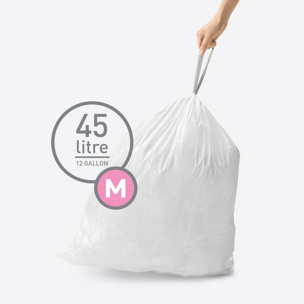 simplehuman 45 L Code M Custom-Fit Drawstring Trash Bags, 200 Count, White