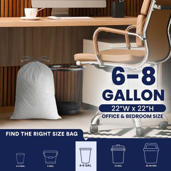 Plasticplace 8 Gallon Drawstring Trash Bags, 100 Count, White, 22 x 22 in, 0.7 mil