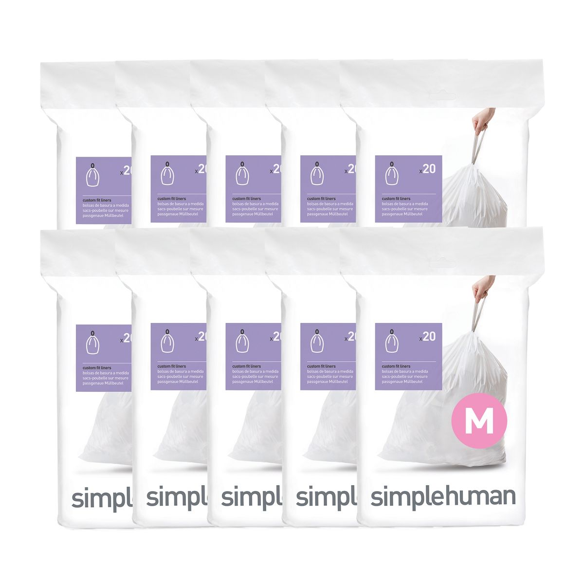 simplehuman 45 L Code M Custom-Fit Drawstring Trash Bags, 200 Count, White