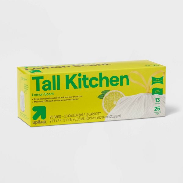 up&up 13 Gallon Drawstring Tall Kitchen Trash Bags, 25 Count, Lemon
