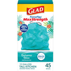 Glad 13 Gallon ForceFlex MaxStrength Drawstring Trash Bags, 45 Count, Bahama Bliss, Febreze