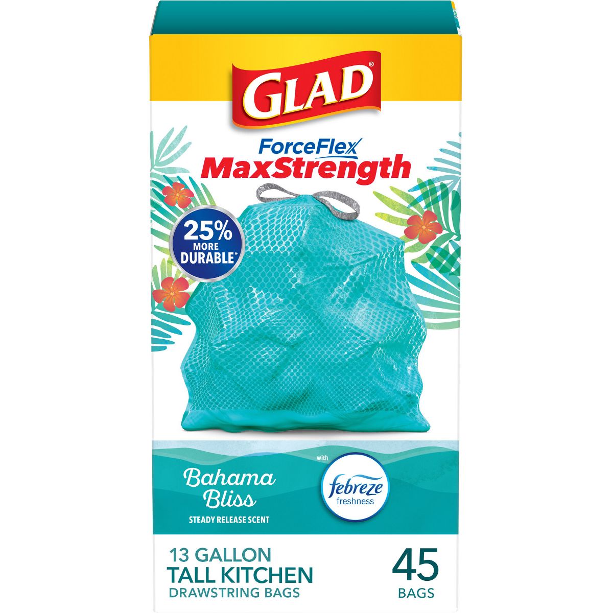 Glad 13 Gallon ForceFlex MaxStrength Drawstring Trash Bags, 45 Count, Bahama Bliss, Febreze