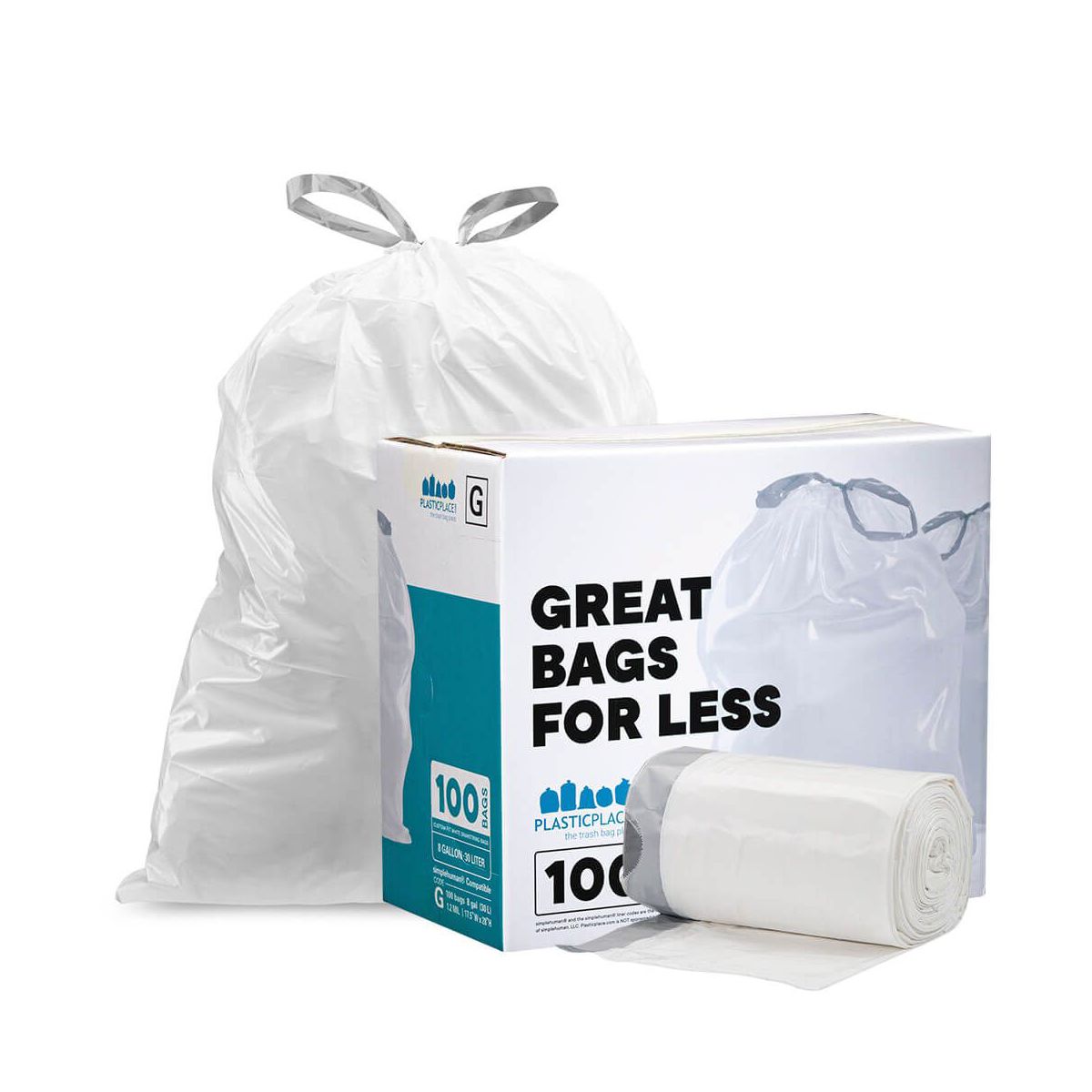 Plasticplace 8 Gallon Drawstring Trash Bags, Compatible with simplehuman Code G, 100 Count