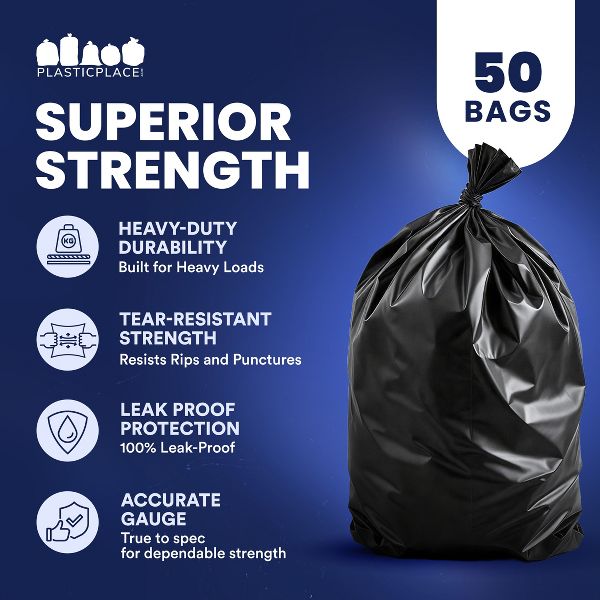 Plasticplace 55 Gallon Trash Bags, 50 Count, Black, Compatible with Rubbermaid, 40 x 50 in, 3.0 mil