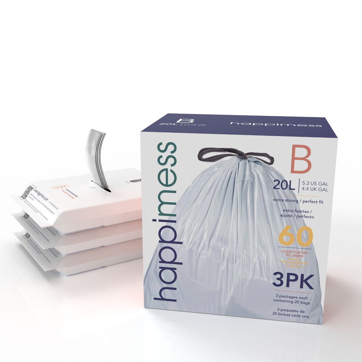 happymess 5.3 Gallon / 20 L Drawstring Trash Bags, 60 Count, per pack: 20 bags, Unscented, Clear