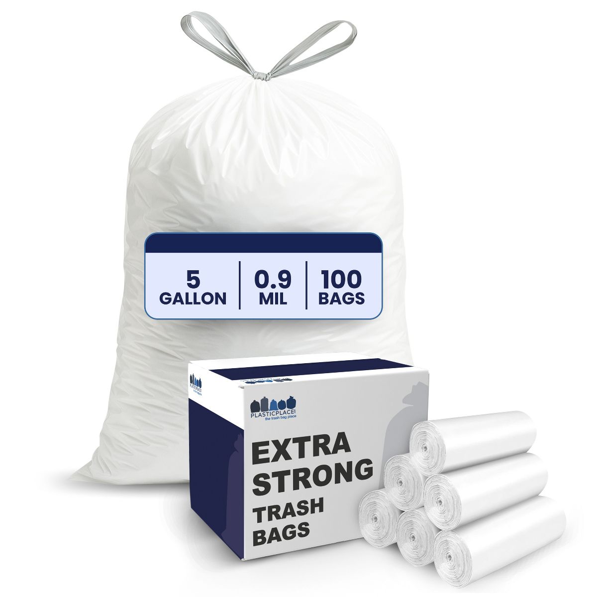 Plasticplace 5 Gallon Drawstring Trash Bags, 100 Count, White
