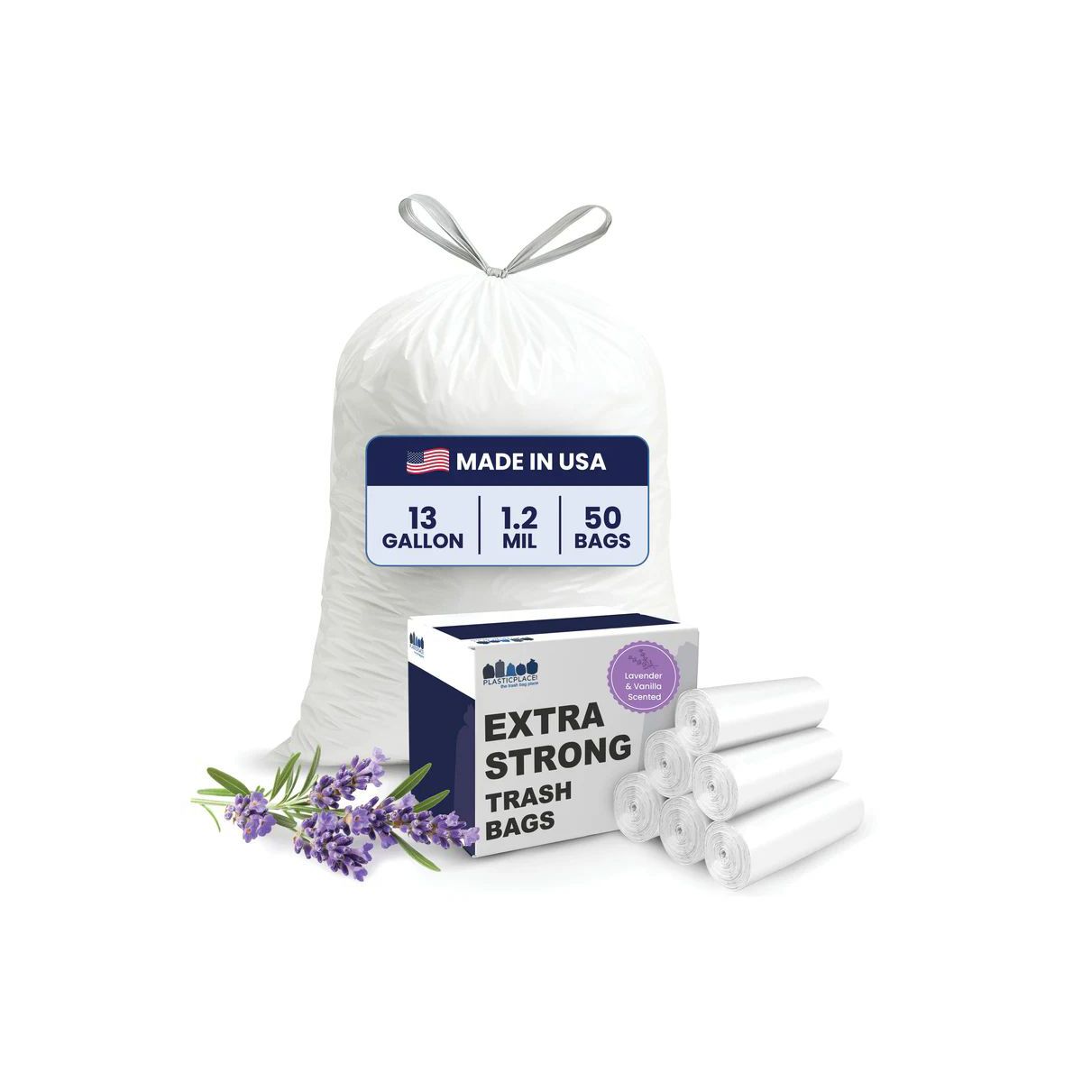Plasticplace 13 Gallon Drawstring Trash Bags, 50 Count, Lavender and Soft Vanilla, White