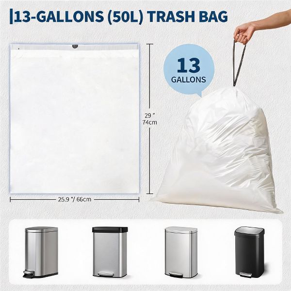 50 L / 13 Gallon Drawstring Heavy-Duty High-Density Tall Kitchen Trash Bags, 40 Count, HDPE, 26 x 29 in